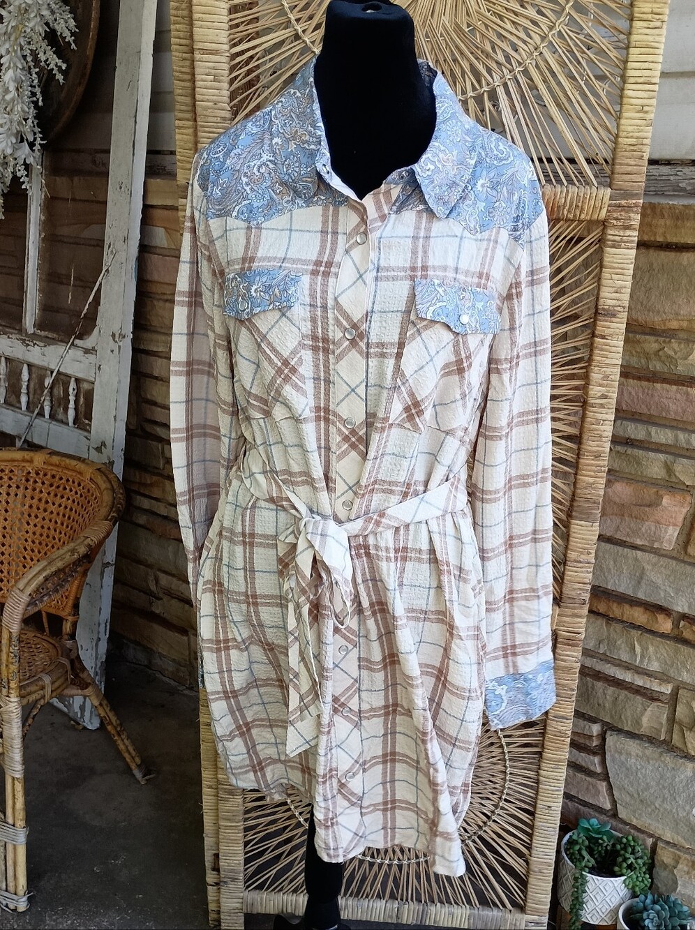 Cato Western Plaid Long-Sleeve Shirt Dress with Blue Paisley Trim_XL